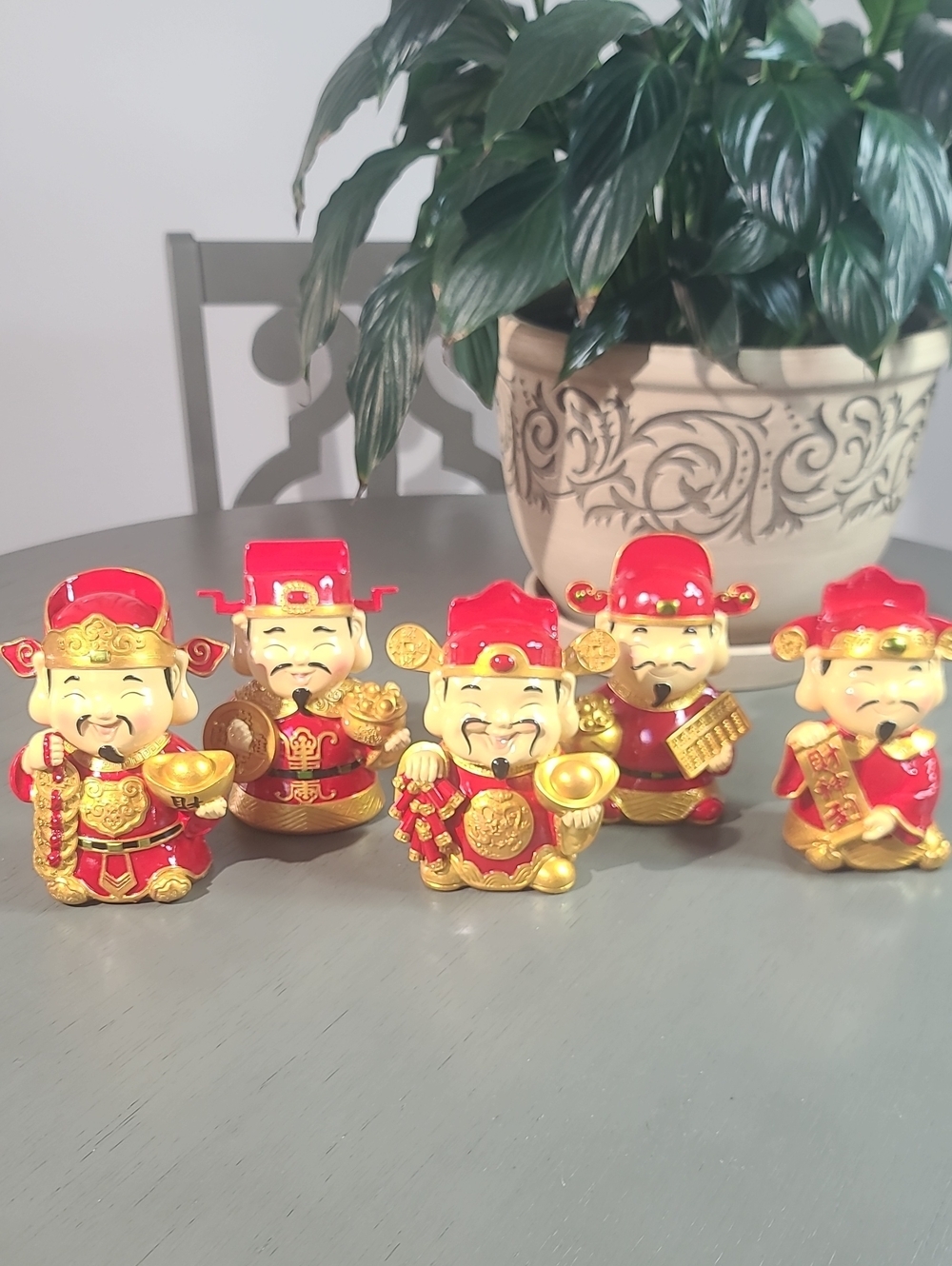 God Of Fortune Set Of 5 Red and Gold Lucky Figurine Set